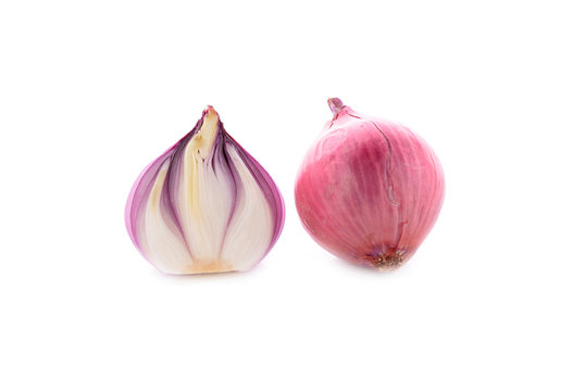 red onion, shallots on white background