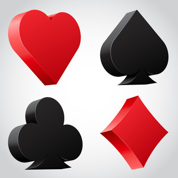 Set of 3d card suit icons in black and red.
