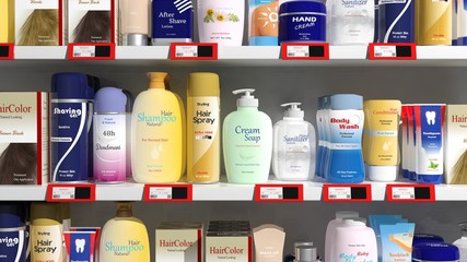 Supermarket shelves with personal care products