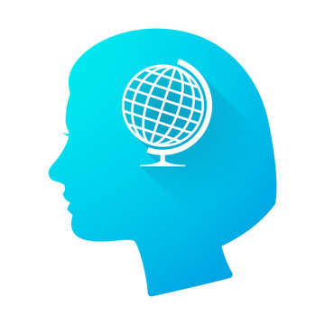 Woman head icon with a world globe