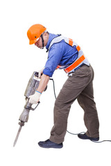worker with pneumatic hammer drill equipment isolated on white