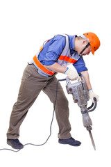 worker with pneumatic hammer drill equipment isolated on white