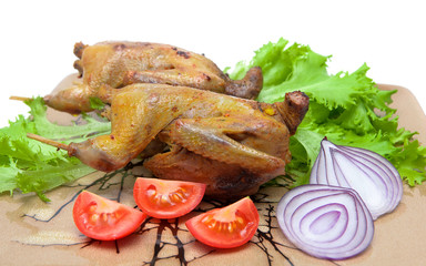 trophies: delicious roasted woodcocks with fresh vegetables.