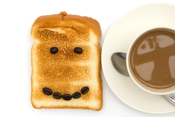 Coffee and toast isolated on white background