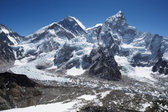 Mount Everest, Nuptse and the Khumbu Icefall in Nepal