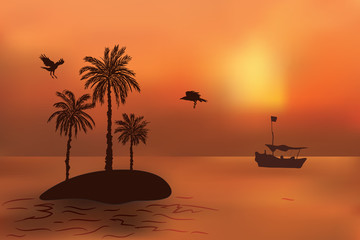 Tropical island with palm trees at sunset. The fishermen's boat