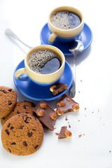 hot coffee, chocolate and cookies in morning