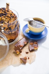 hot coffee, chocolate and cookies in morning