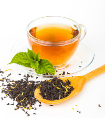 Glass Cup Tea with Mint Leaf, Isolated on White Background