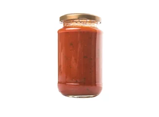 Dekokissen Spaghetti sauce in a jar over white background © akulamatiau