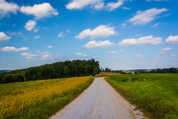 Fototapeta na wymiar Cloudy sky over a dirt road and farm fields in rural York County