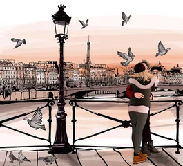 Crédence de cuisine en verre imprimé Art Studio Jeune couple amoureux sur le Pont des arts à Paris