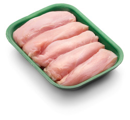 Raw chicken fillet in a green tray over white background