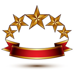 Royal golden symbolic five stylized glossy stars with red curvy