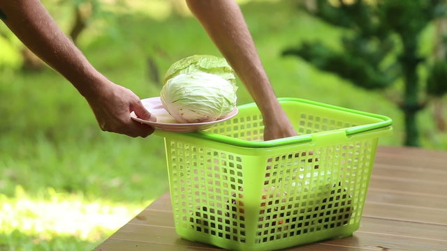 man chooses from a basket plate of cabbage for cooking borch