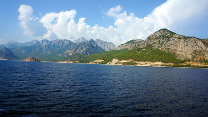 Turkey landscape with blue sea, sky, green hills and mountains