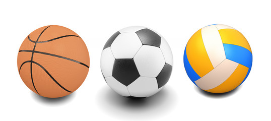 Set of basketball, soccer and volleyball balls