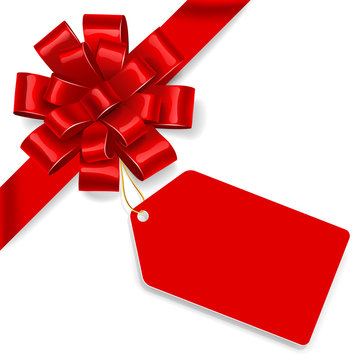 Red bow with tag. Vector