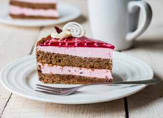 piece of cake with a chocolate biscuit, berry mousse and jelly