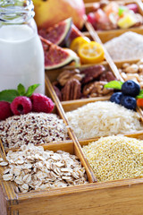 Breakfast items in wooden box