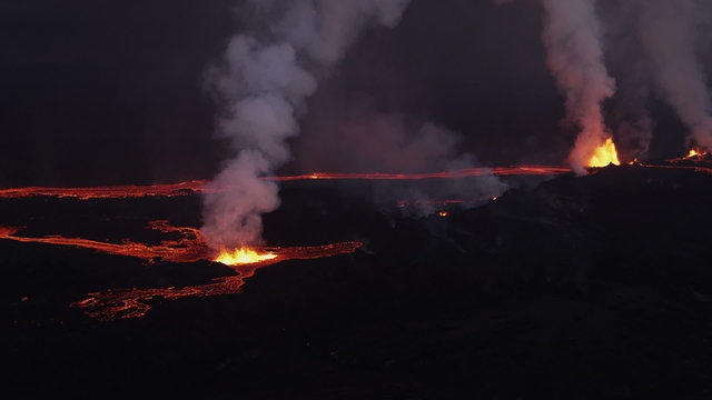 Aerial Red Hot Lava Flowing Holuhraun Volcano Geological Eruption Iceland 