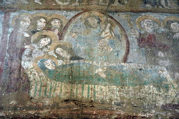 Ancient fresco, murals in Malancrav church. Transylvania, Romani
