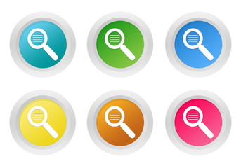 Set of rounded colorful buttons with search symbol