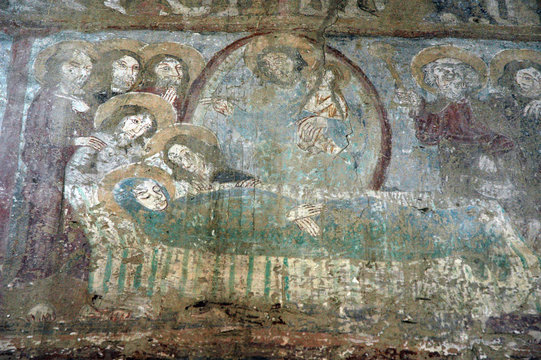 Ancient fresco, murals in Malancrav church. Transylvania, Romani