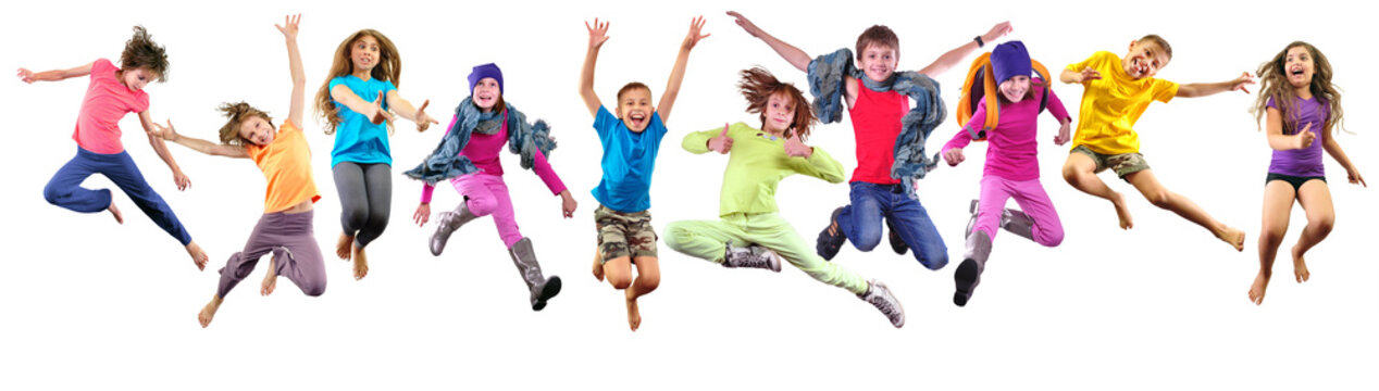group of happy sportive children jumping