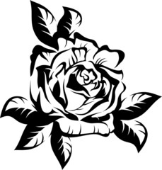 Black silhouette outline rose with leaves. Vector illustration.