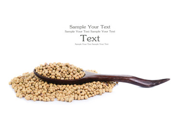 soybeans on wooden spoons top view close up isolated on white