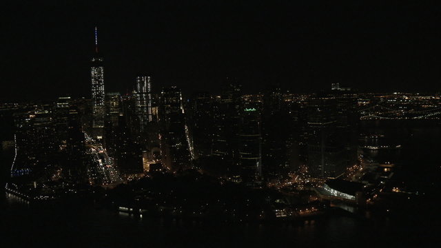 Aerial night 1 WTC Manhattan illuminated Brooklyn Bridge New York USA