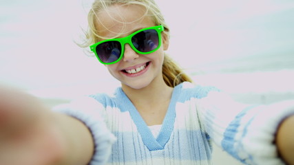 Laughing Young Caucasian Girl Advertising Tourism Beach Vacation 