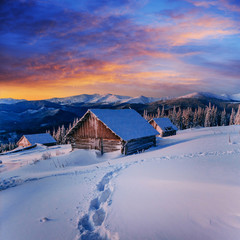 cottage in snowy mountains with fabulous winter trees