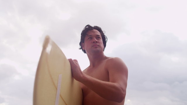 Young Asian Chinese Male Surfer Beach Close Up 