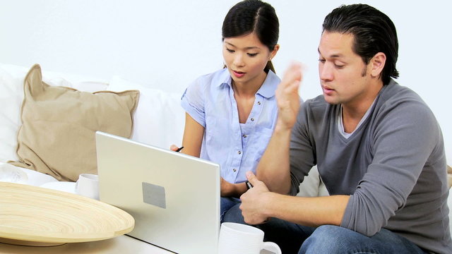 Young Asian Chinese Couple Money Worries Home Laptop Computer