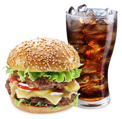 Hamburger and cola drink. Takeaway food.