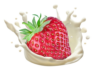 Splash of milk and strawberry. Closeup.