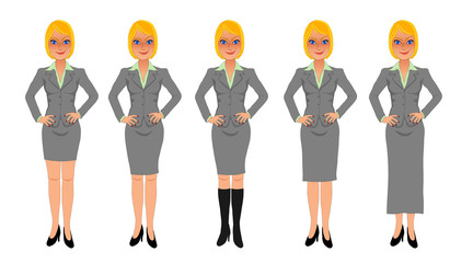 Blonde business woman grey skirt suit hands on hips
