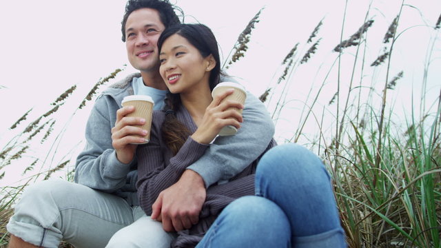 Young Ethnic Beach Couple Healthy Outdoor Beach Lifestyle