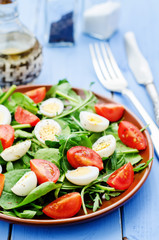 salad with arugula, spinach, tomatoes and eggs