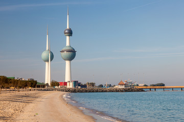 Arabian Gulf beach and Kuwait Towers in Kuwait City