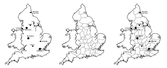 Maps of England with and without counties and major cities