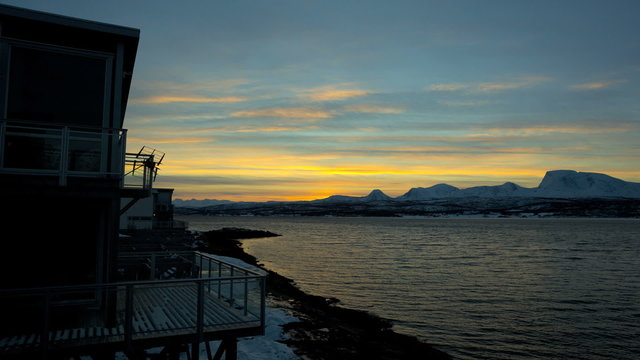 Time lapse dawn sun rising Fjord  winter snow landscape Norway Scandinavia