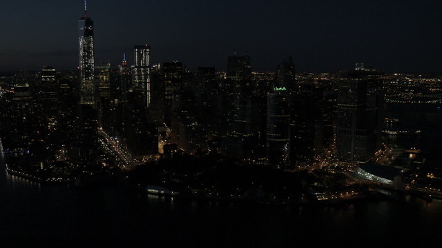 Aerial 1 WTC illuminated Skyscrapers Brooklyn Bridge New York USA 
