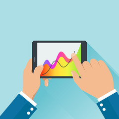 Hands holding digital tablet and business diagram concept.