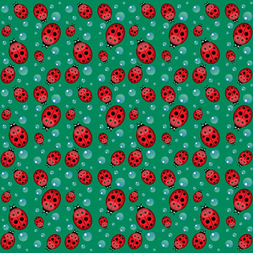 funny seamless pattern with ladybirds and water drops