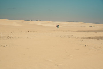 Fototapeta na wymiar Sand dune landscape with couple walking to the horizon. Clear bl