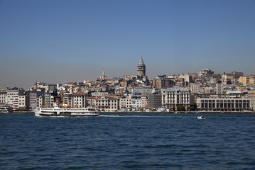 Fototapeta na wymiar View from Istanbul with Galata Tower and the ferry