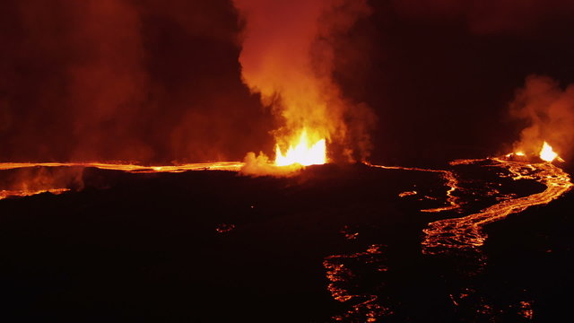 Aerial Red Hot Lava Flowing Holuhraun Volcano Eruption Travel Iceland 
